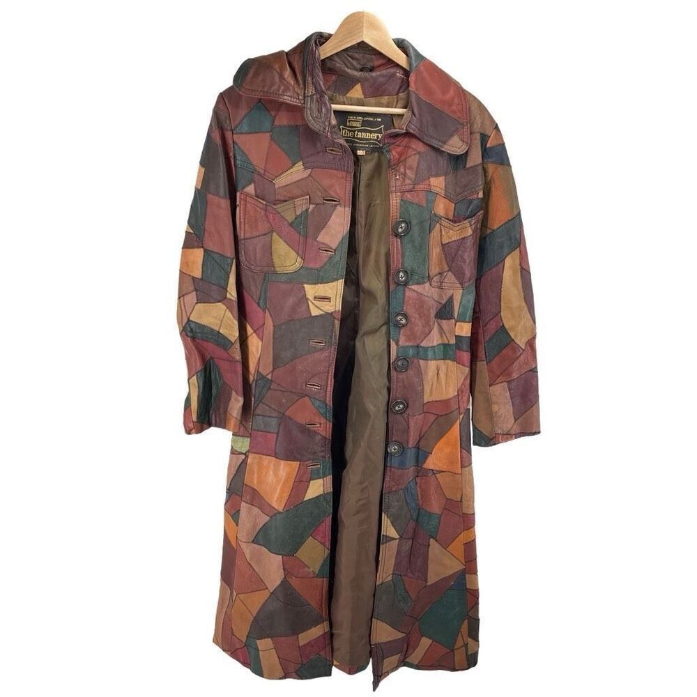 The Tannery Womens Trench Coat Jacket Leather Patchwork Multi-Color Size 11/12 v